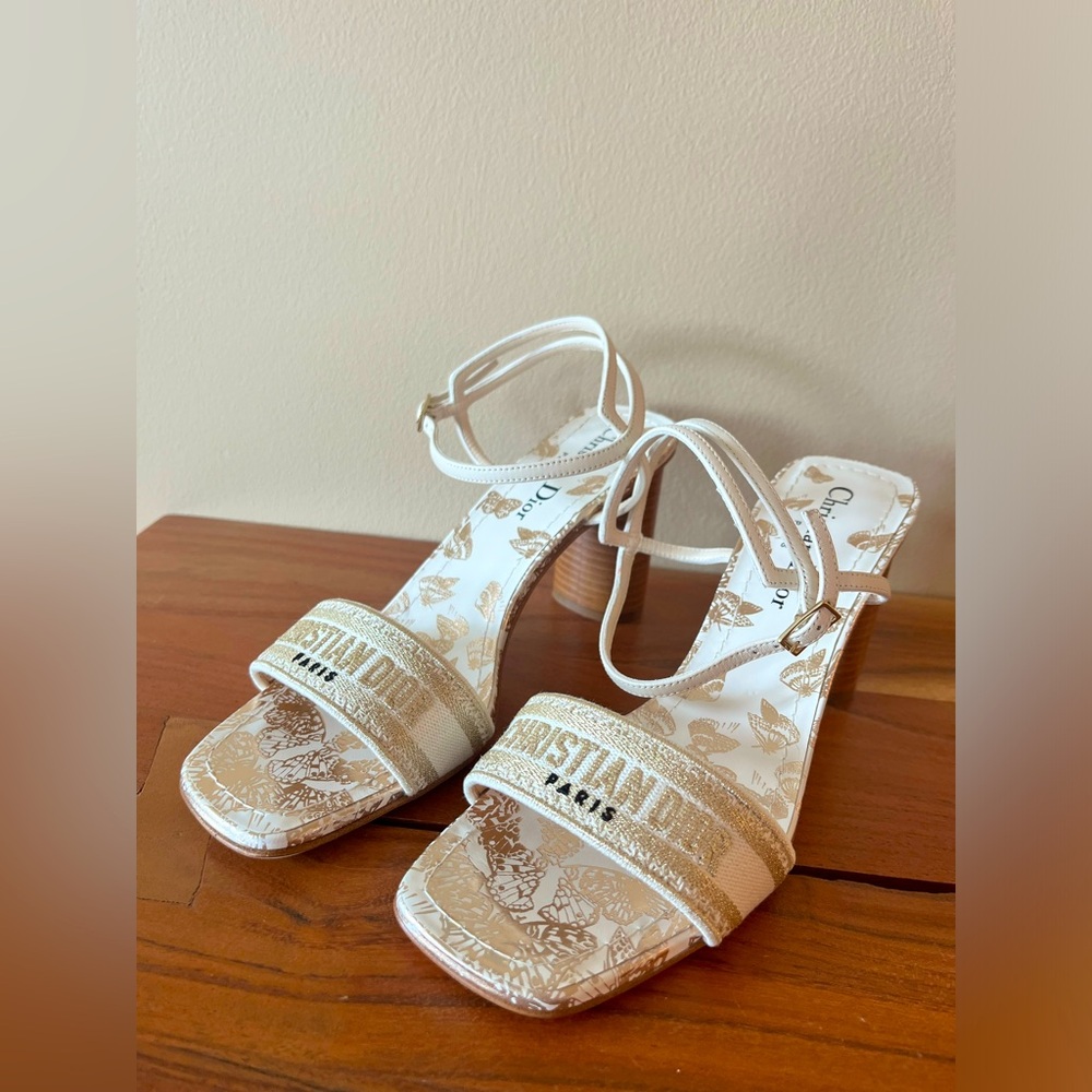 Dior Dway Heeled Sandal White and Gold-Tone Gradient Butterflies Sz 37/us7